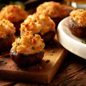 Deliciously baked shrimp stuffed mushrooms topped with herbs and cheese.