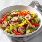 Skillet sausage and zucchini dish served in a pan, garnished with herbs.