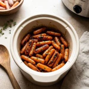 Slow cooker glazed baby carrots in a serving dish