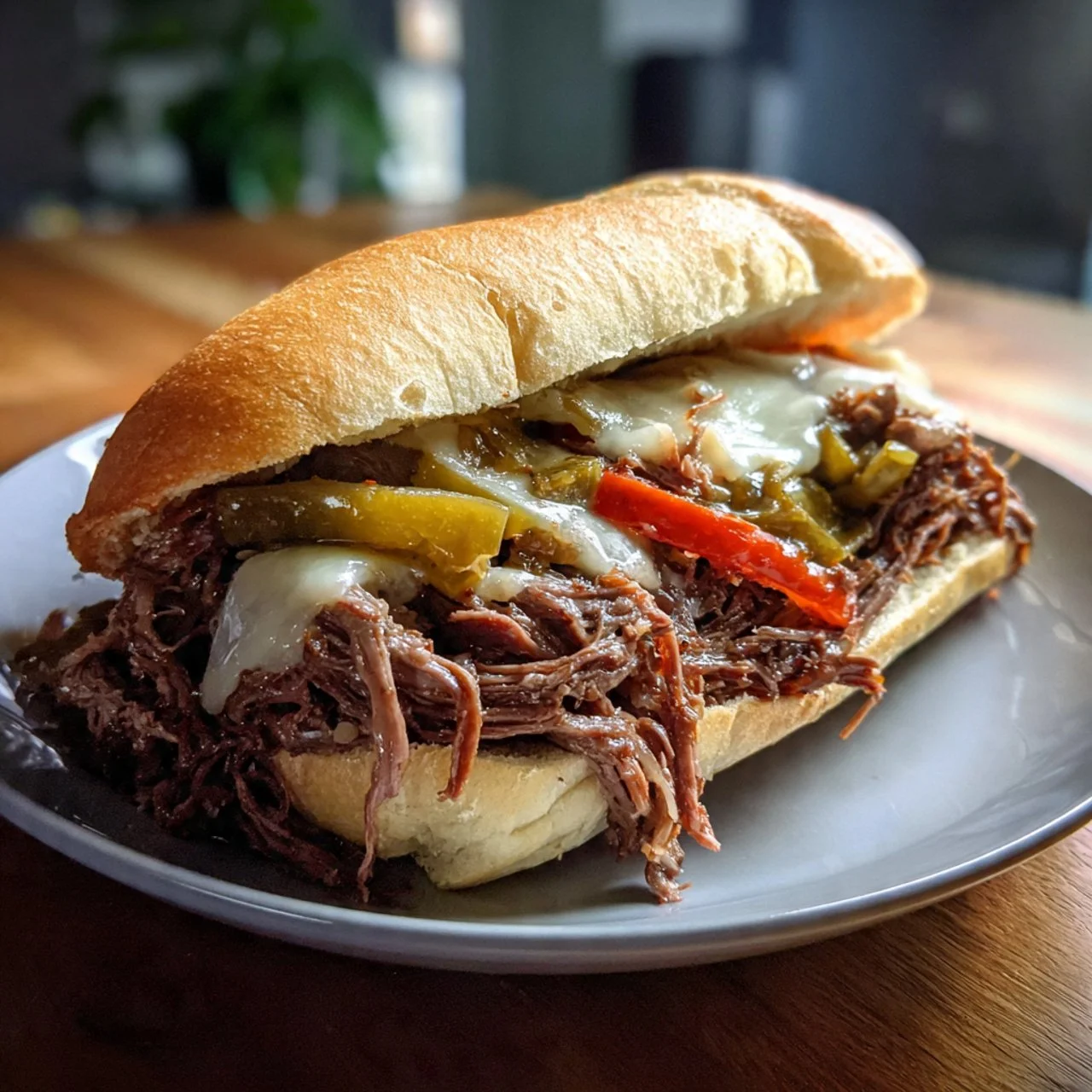 Slow Cooker Italian Beef served with peppers and sauce in a sandwich bun.