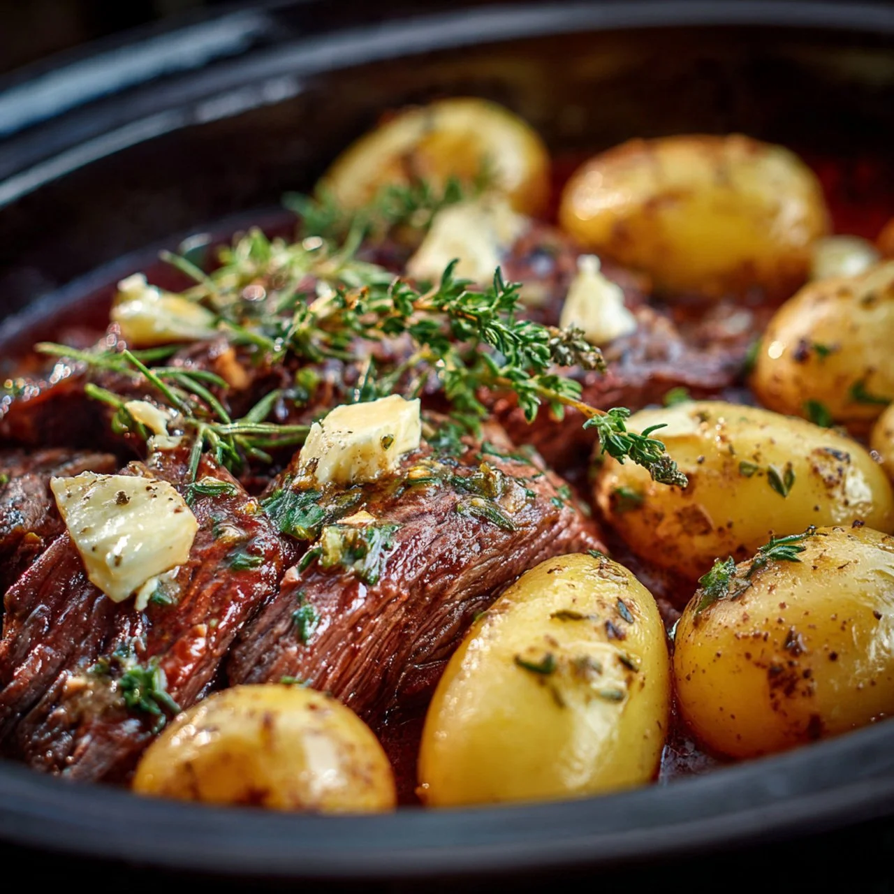 Slow Cooker Steak and Potatoes meal served on a plate