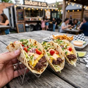 Smash burger tacos served on a plate
