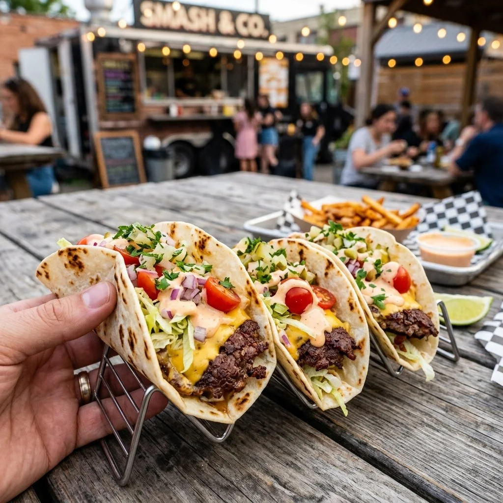 Smash burger tacos served on a plate