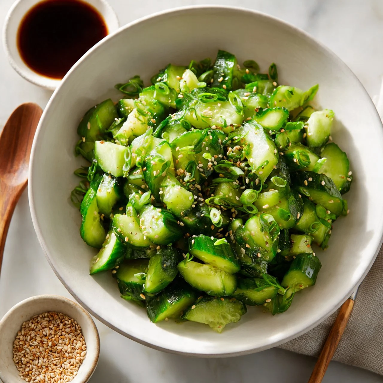 Smashed cucumber and snap pea salad with fresh vegetables