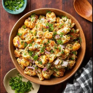 Smashed Tater Tot Potato Salad served in a bowl with fresh herbs.