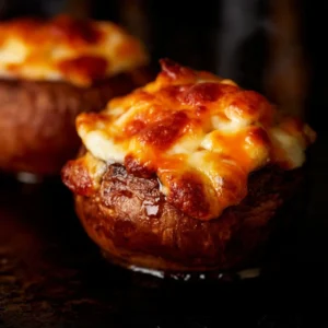 Delicious smoked stuffed mushrooms served on a platter.