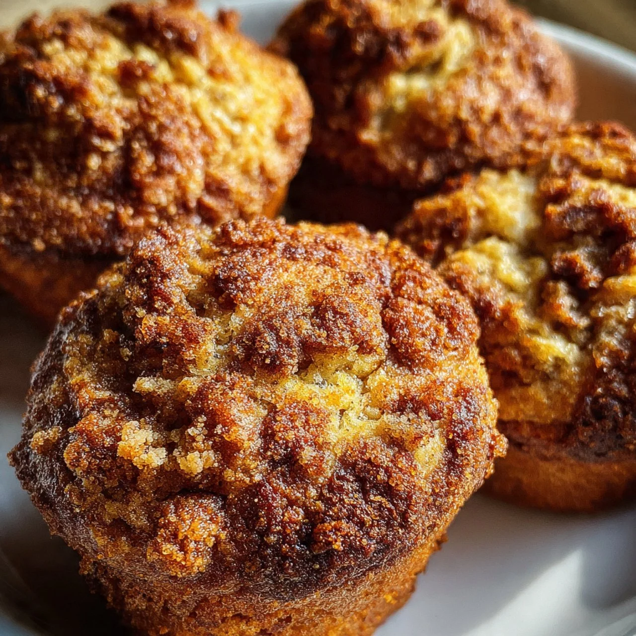 Freshly baked sourdough banana muffins topped with streusel in a rustic setting.