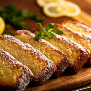 Sourdough Lemon Balm Sheet Cake served on a wooden table
