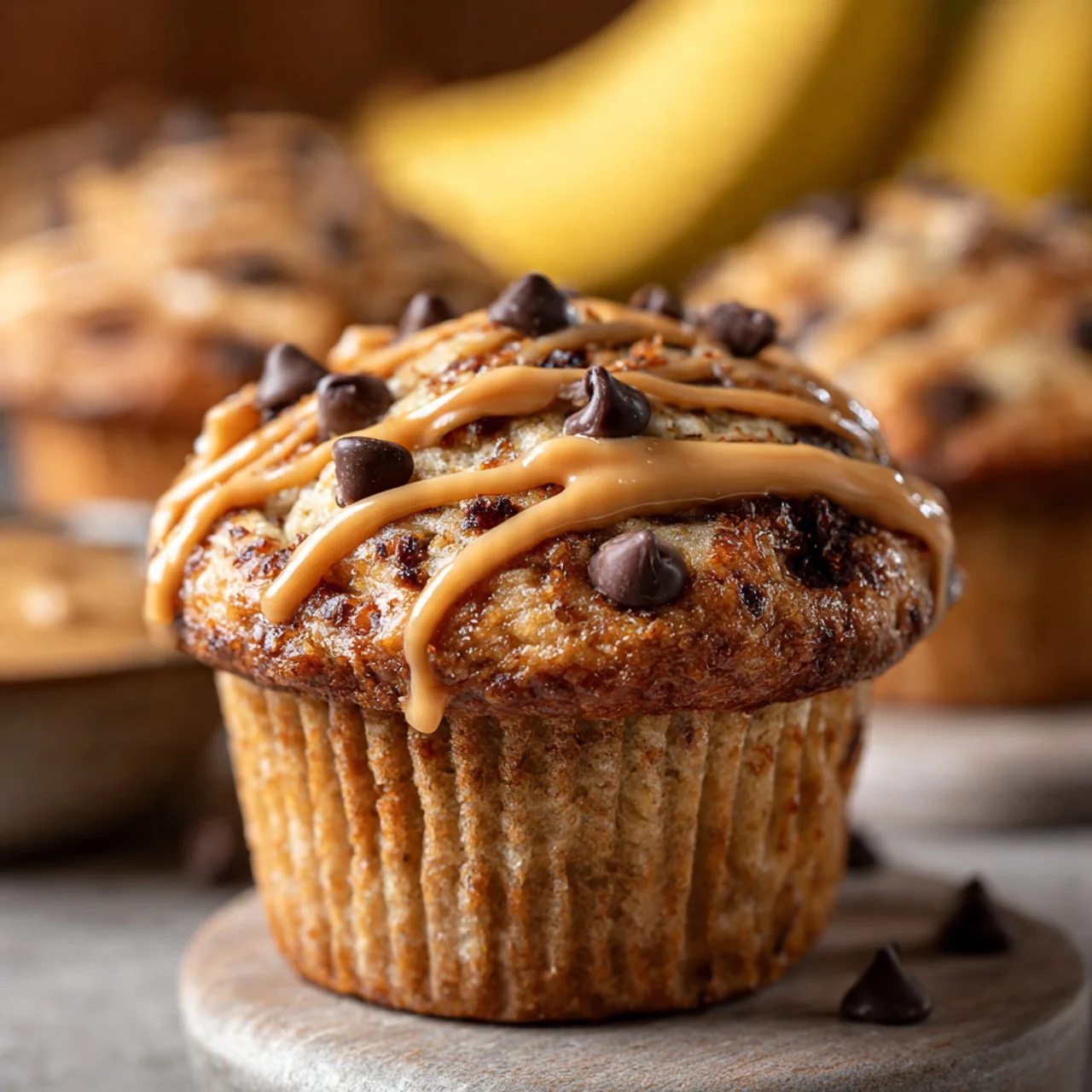 Sourdough peanut butter banana chocolate chip muffins fresh out of the oven