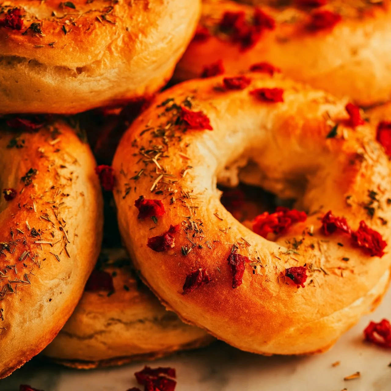 Sourdough bagels topped with sun-dried tomatoes, herbs, and cheese