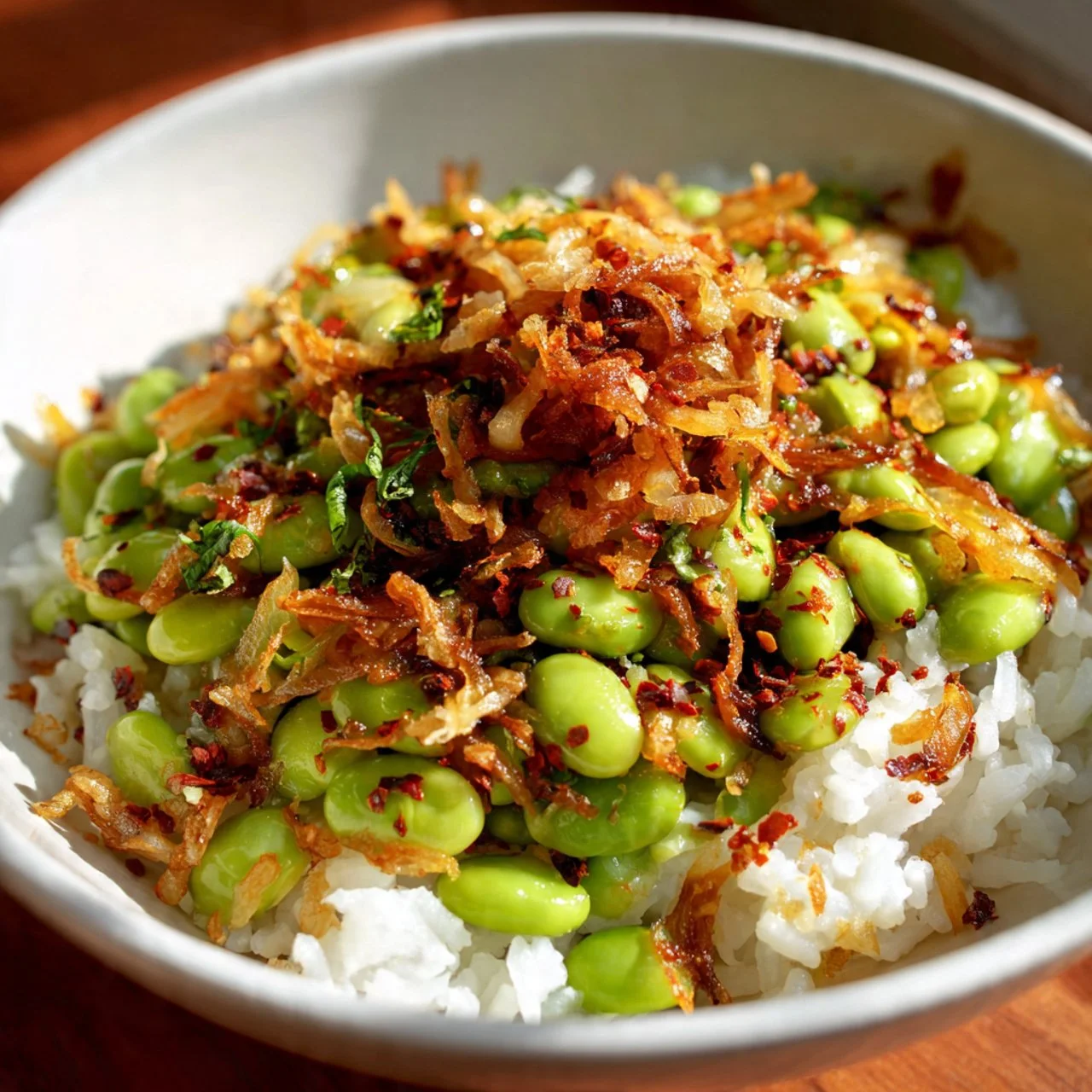 Spicy chili oil edamame veggie bowl with fresh ingredients