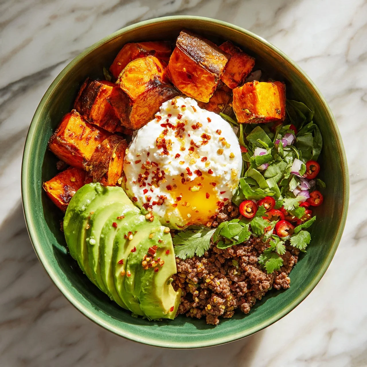 Spicy cottage cheese taco bowls topped with fresh ingredients