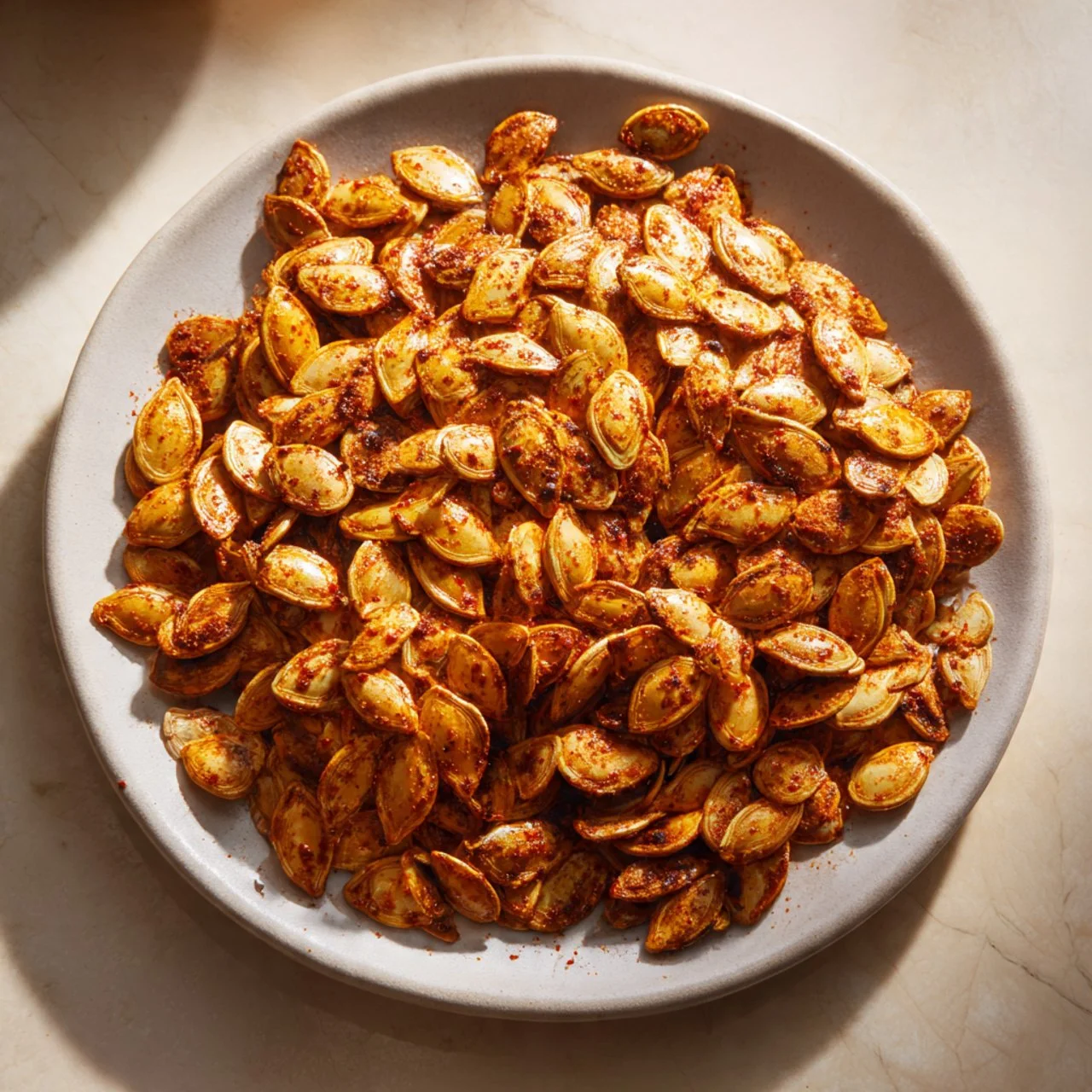 Bowl of spicy roasted pumpkin seeds, smoky and crunchy snack