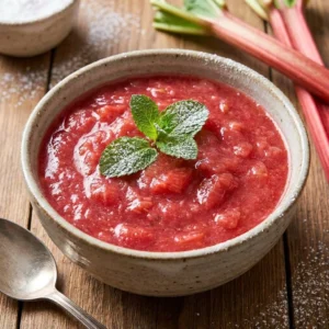 Delicious sweet and tart rhubarb sauce served in a bowl.
