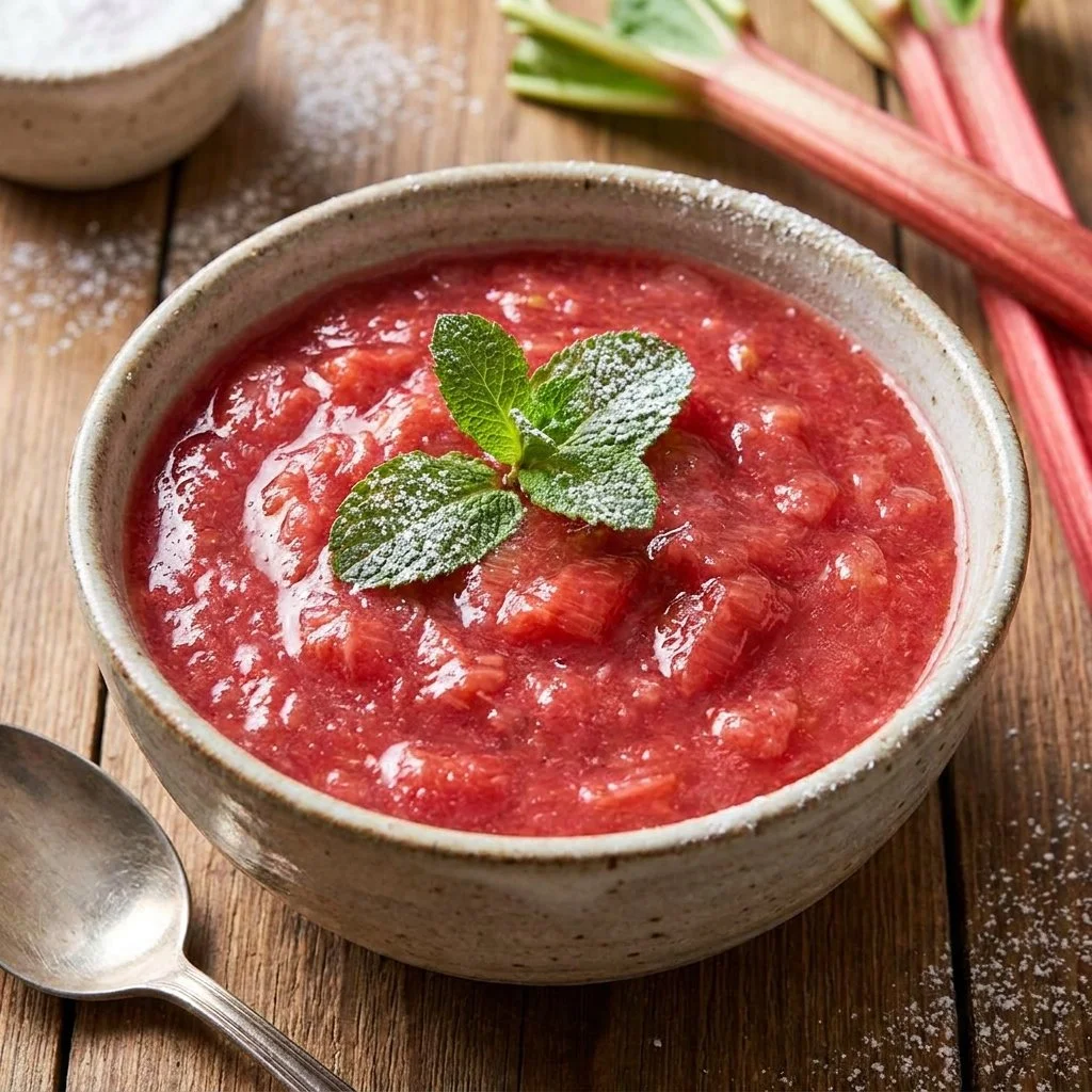 Delicious sweet and tart rhubarb sauce served in a bowl.