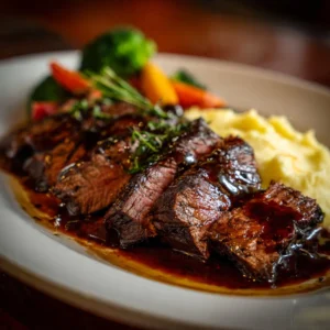 Delicious sweet balsamic marinated steak cooked to perfection on a grill