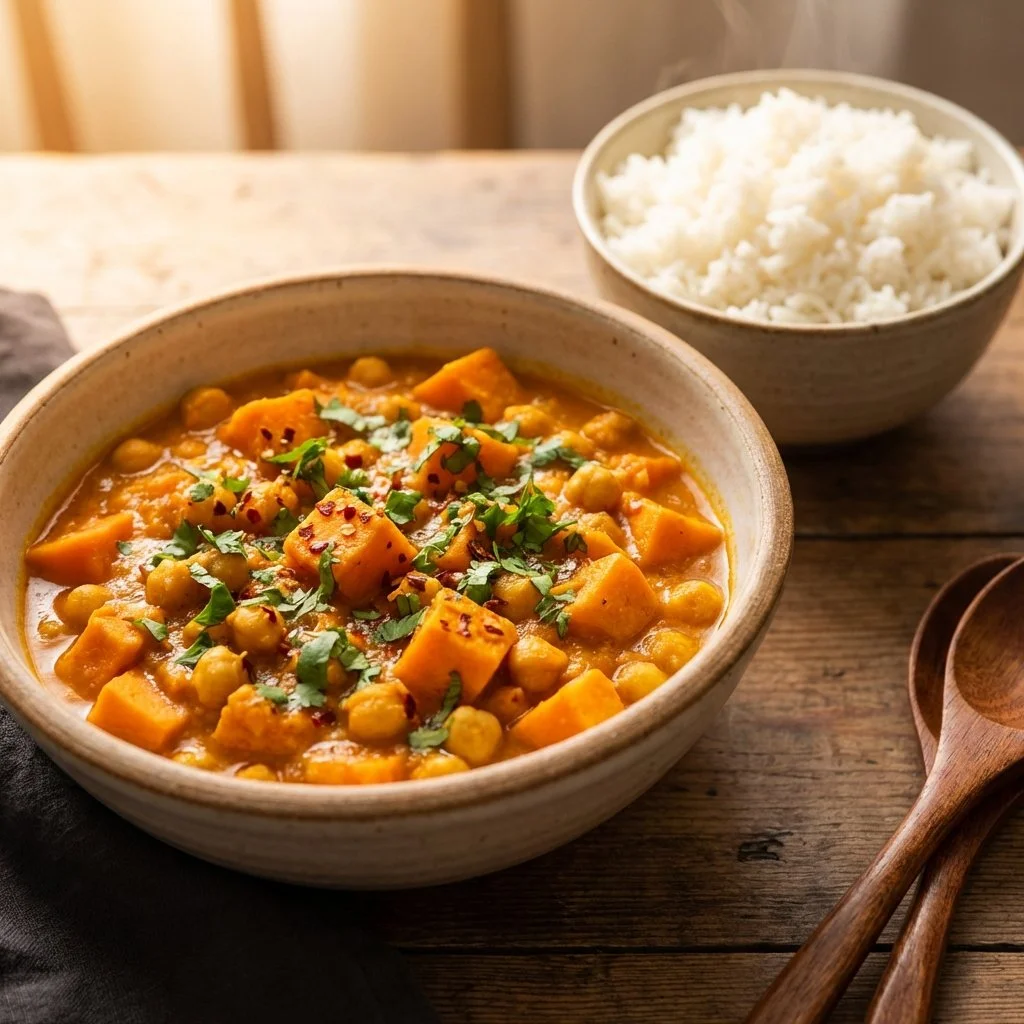 Delicious bowl of sweet potato and chickpea curry with spices and herbs
