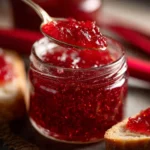 Sweet rhubarb jam with Jello in a jar on a rustic kitchen table