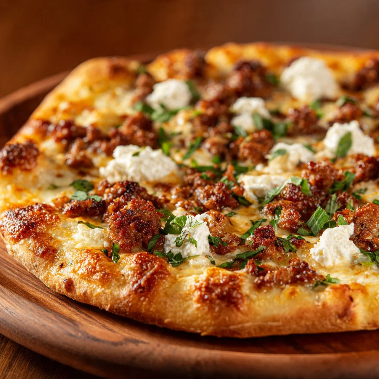 Sweet & Spicy Sausage Ricotta Honey Pizza topped with sausage and drizzled with honey