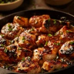 Delicious Butter Chicken Skillet from Texas Roadhouse served in a cast iron pan.