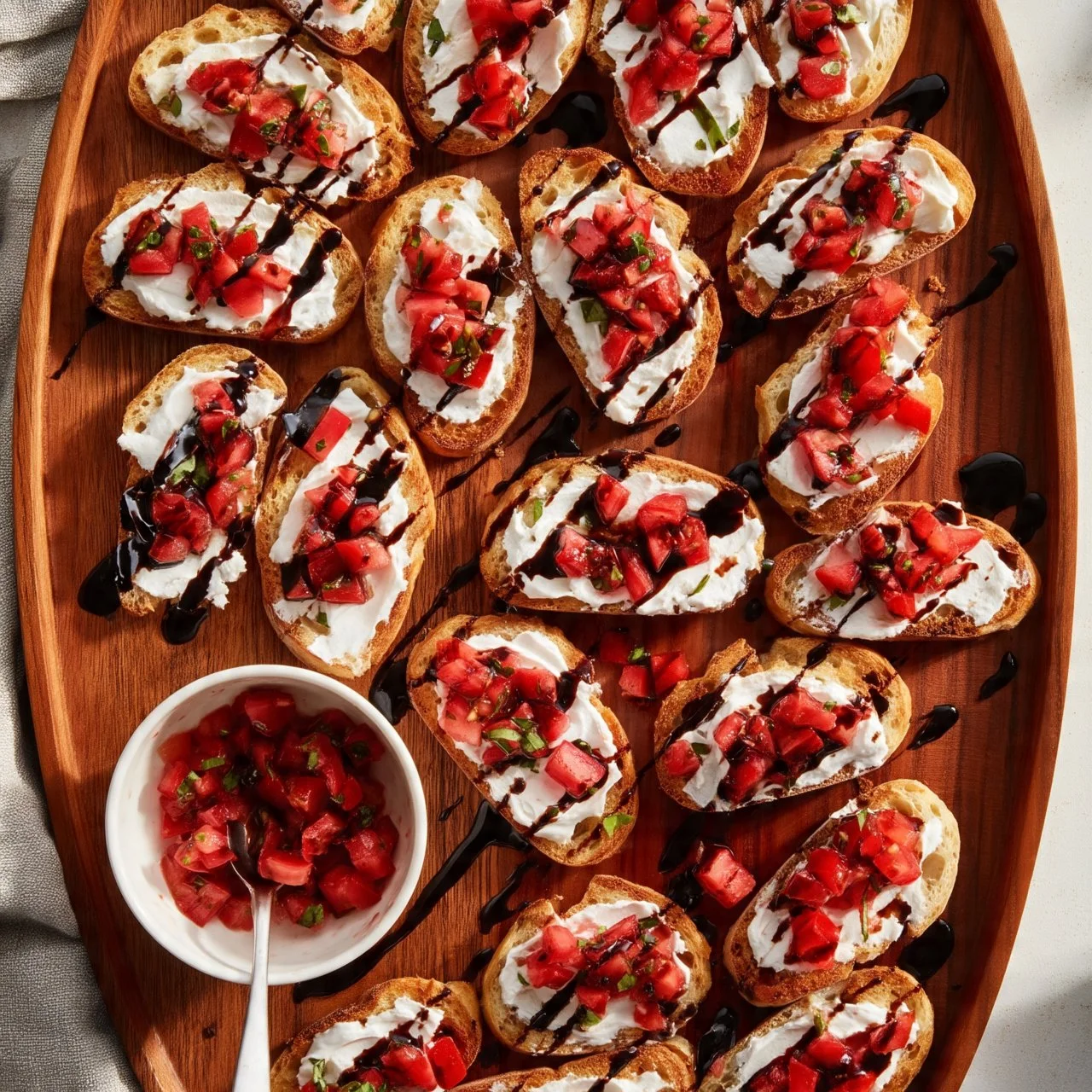 Three Cheese Bruschetta topped with flavorful cheeses and fresh herbs