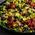 Vegetarian quinoa burrito bowl with fresh ingredients and vibrant colors