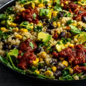 Vegetarian quinoa burrito bowl with fresh ingredients and vibrant colors