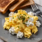 Quick 2 minute scrambled eggs with cottage cheese on a plate