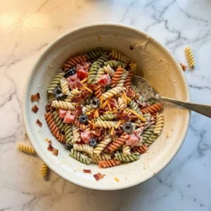 Quick and easy 30-minute bacon ranch pasta salad in a bowl