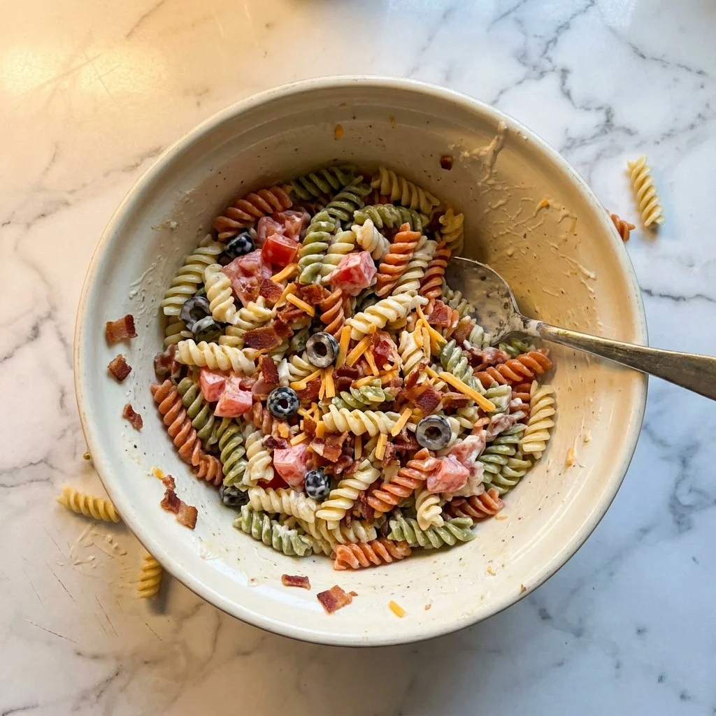 Quick and easy 30-minute bacon ranch pasta salad in a bowl