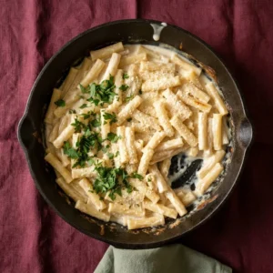 Creamy cottage cheese pasta sauce served with fresh basil and pasta.