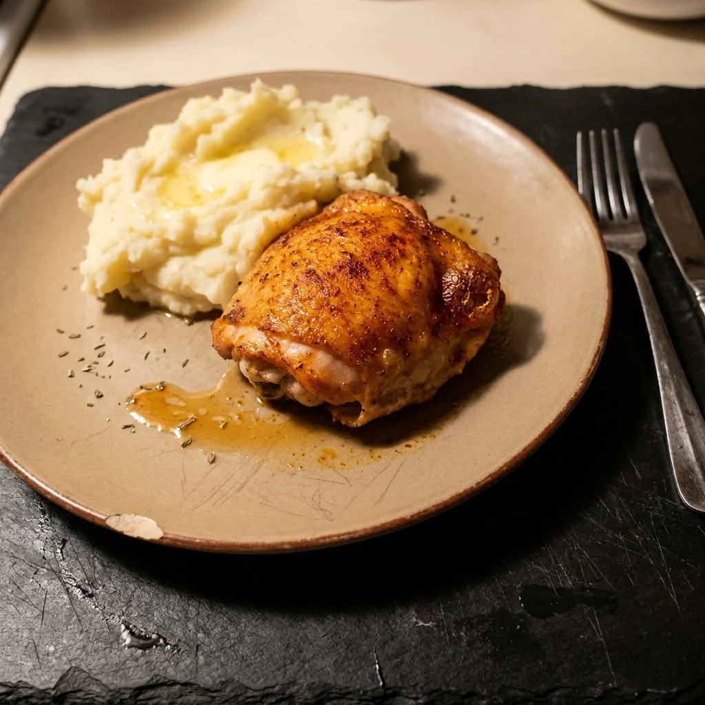 Crispy Air Fryer chicken thighs plated with herbs and vegetables