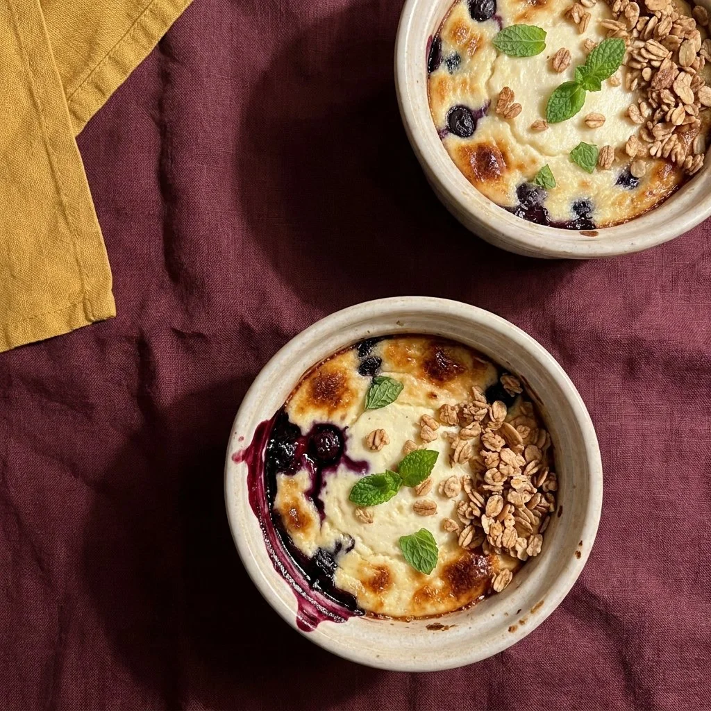 Baked blueberry cottage cheese bowls with fresh blueberries and a crispy topping.