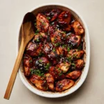 Baked teriyaki chicken served with rice and vegetables on a plate