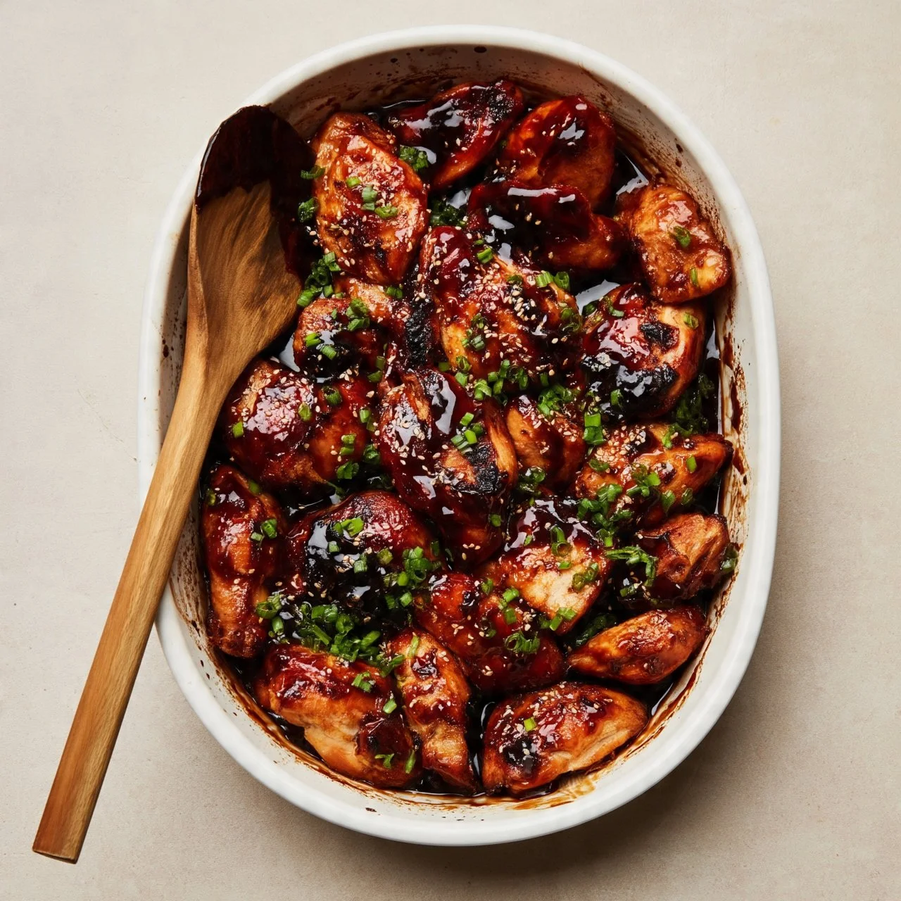 Baked teriyaki chicken served with rice and vegetables on a plate