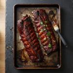 Delicious BBQ Baby Back Ribs glazed with sticky sauce on a grill