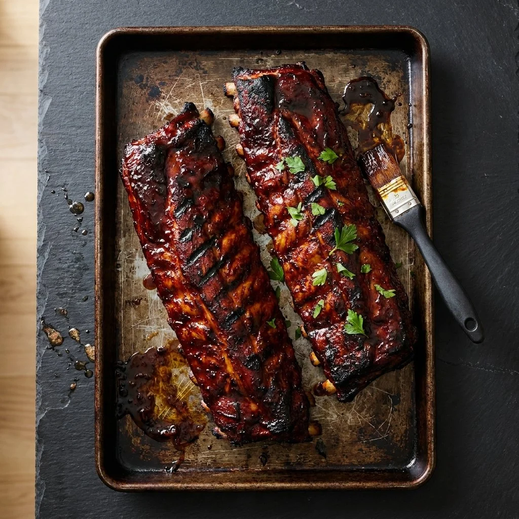 Delicious BBQ Baby Back Ribs glazed with sticky sauce on a grill