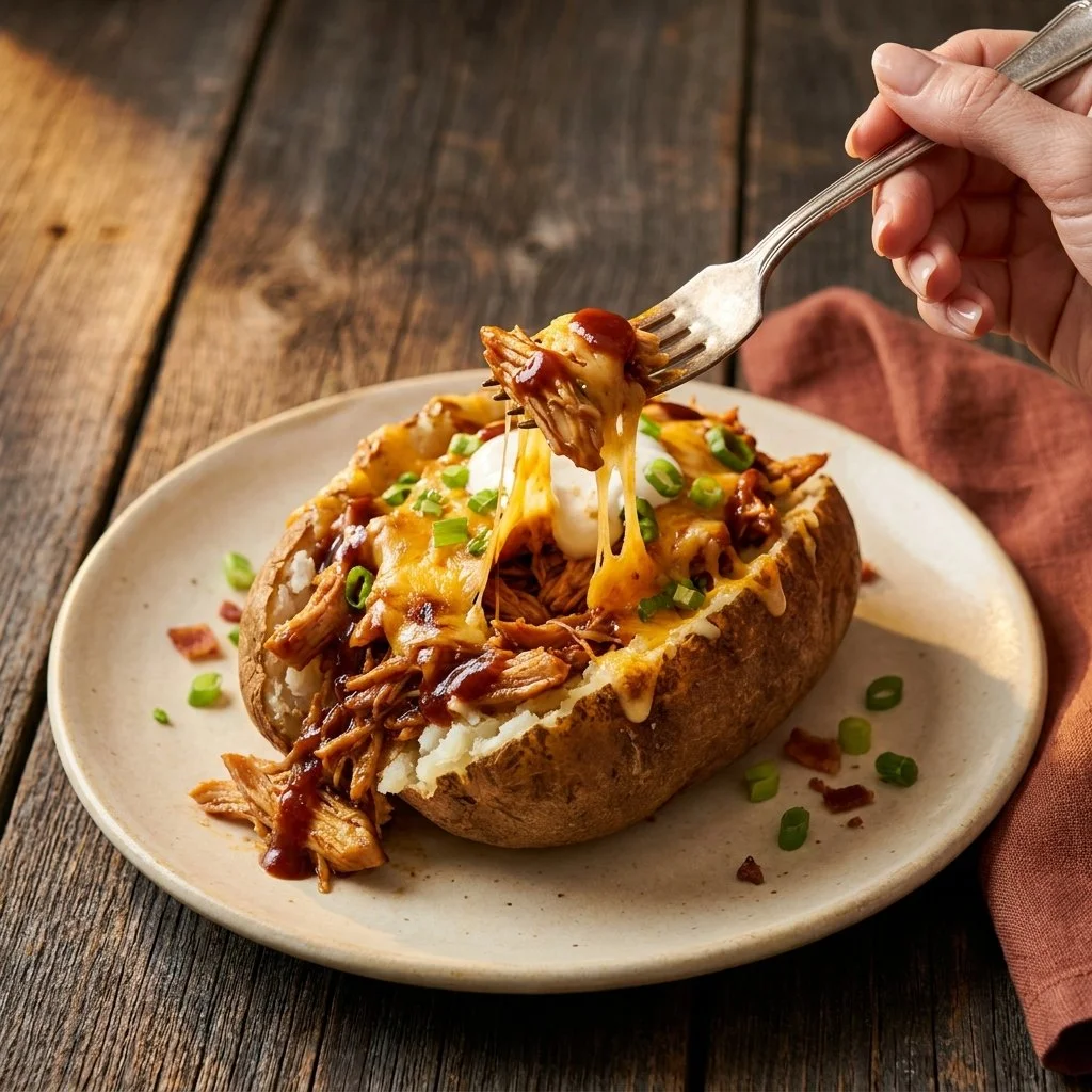 BBQ chicken stuffed baked potatoes on a plate, garnished and ready to serve.