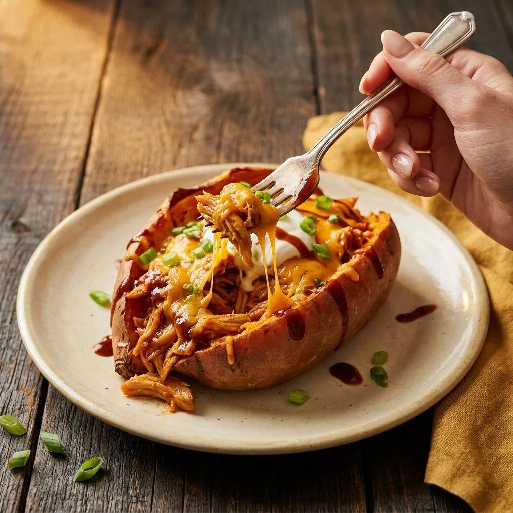 BBQ chicken stuffed in baked sweet potatoes topped with green onions