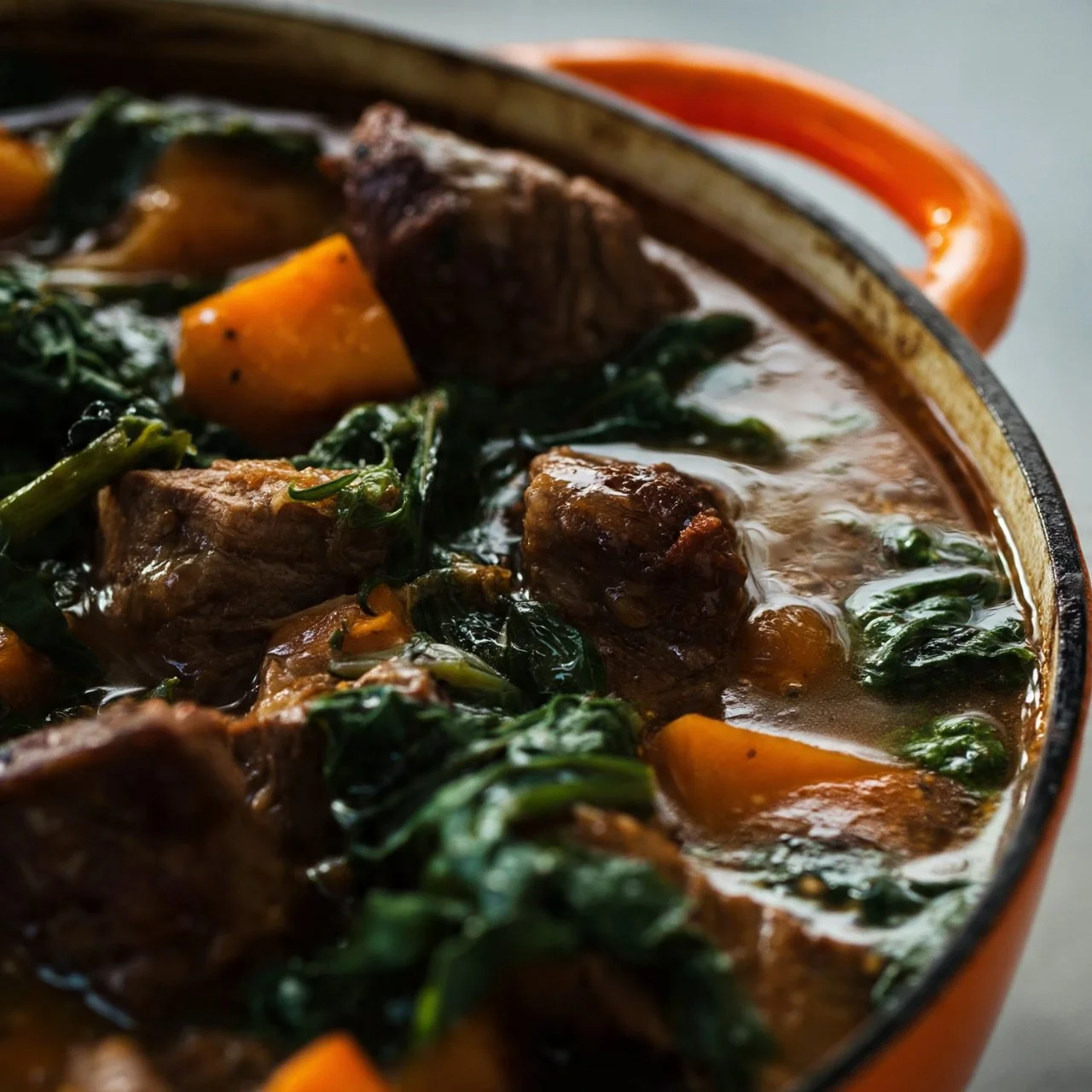 Hearty beef and sweet potato stew served in a rustic bowl