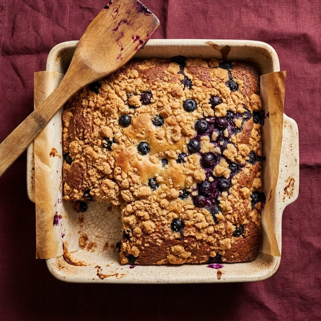 Blueberry lemon coffee cake topped with fresh blueberries and lemon zest.