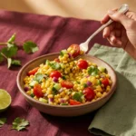 Bright summery corn salad with colorful veggies in a bowl