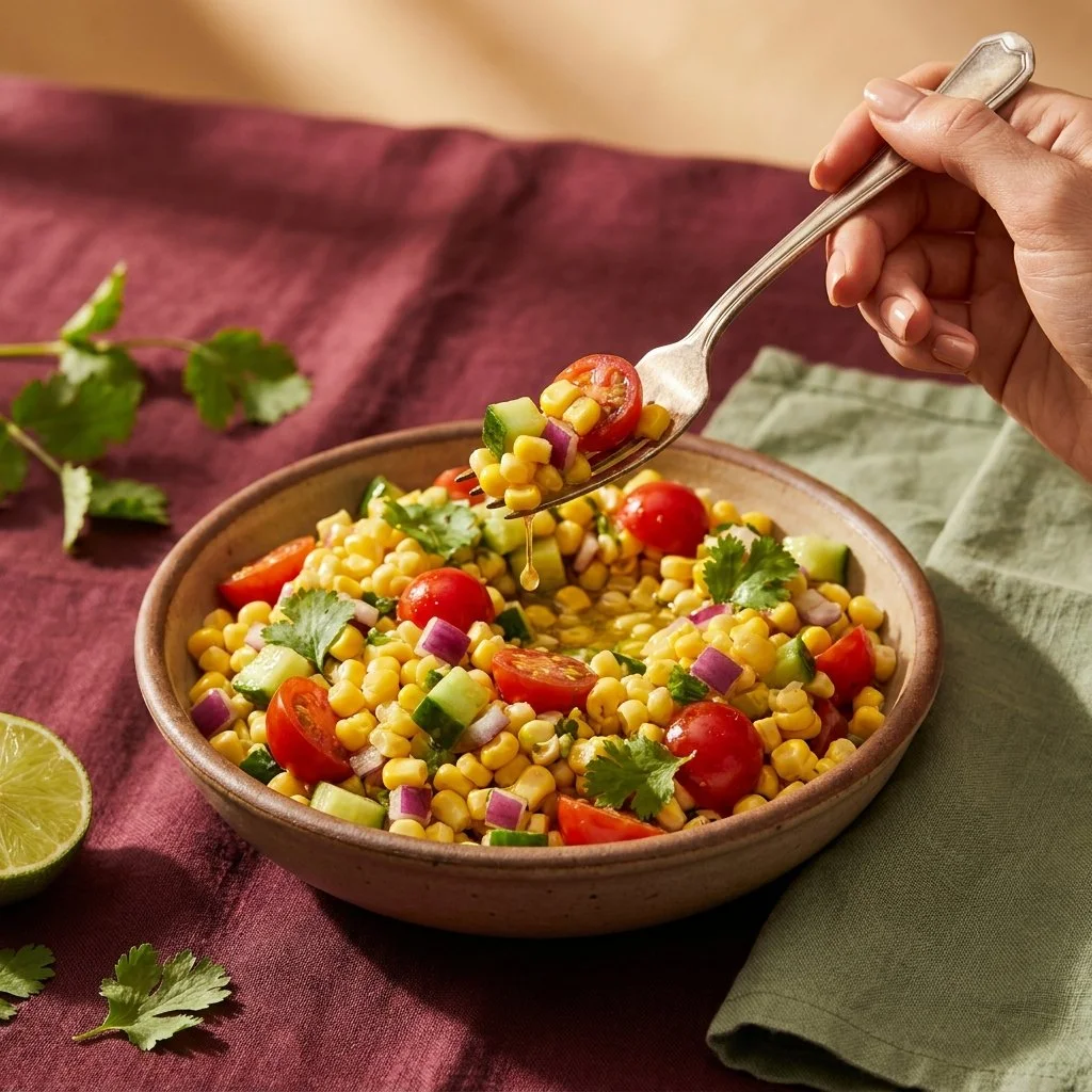 Bright summery corn salad with colorful veggies in a bowl