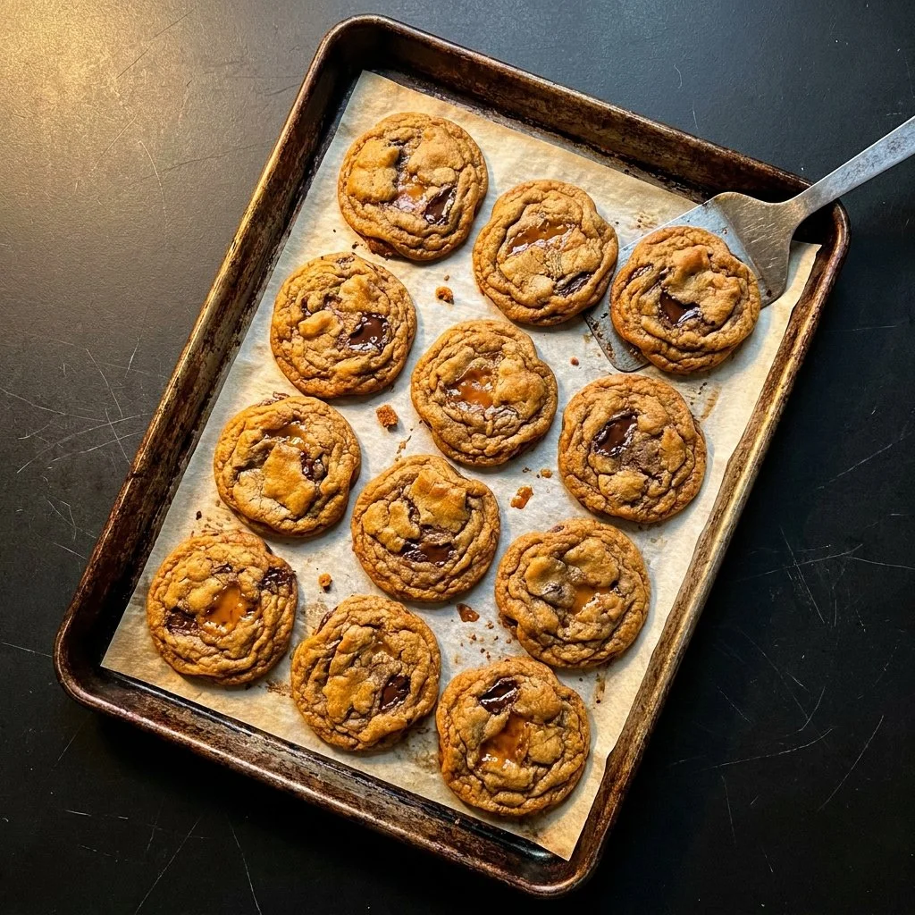 Delicious brown butter coffee toffee cookies on a cooling rack.