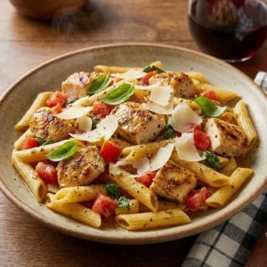 Delicious Bruschetta Chicken Pasta garnished with fresh basil and tomatoes.