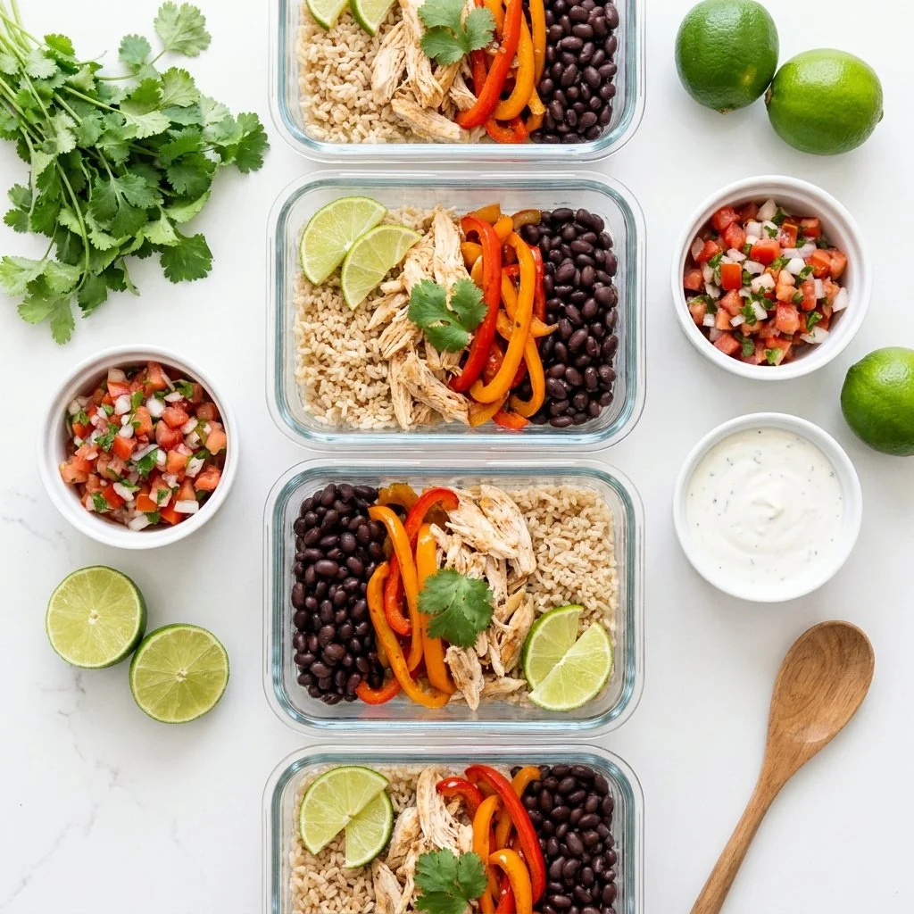 Healthy Chicken Burrito Bowl Meal Prep with fresh ingredients and vibrant colors