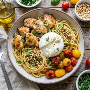 Delicious chicken spaghetti topped with burrata and lemon butter garlic sauce