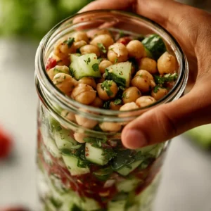 Chickpea cucumber salad with diced cucumbers, chickpeas, and fresh herbs