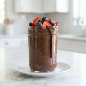 Delicious chocolate chia pudding topped with fresh berries in a bowl