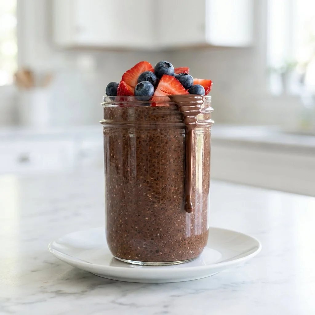Delicious chocolate chia pudding topped with fresh berries in a bowl